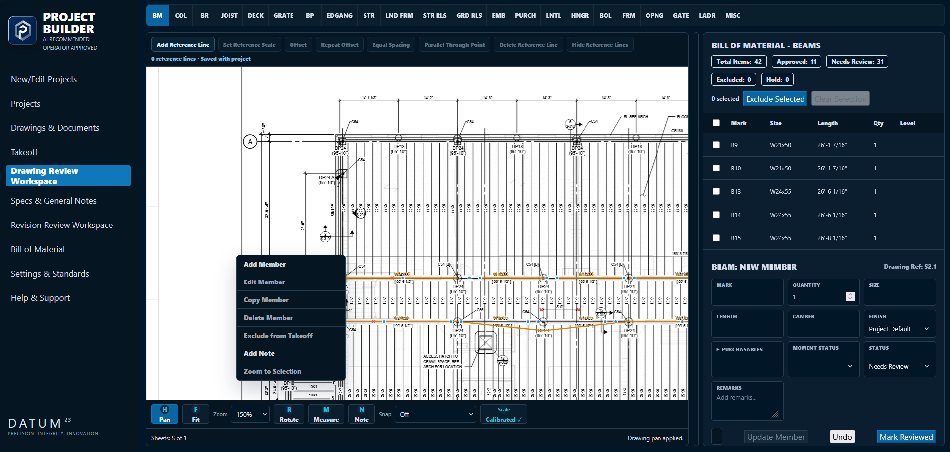 Approved Project Builder drawing review demonstration showing the workspace and bill of material